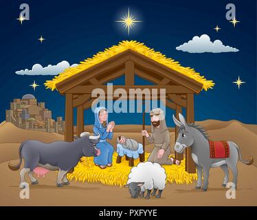 Scène de Noël Nativité Cartoon Illustration de Vecteur