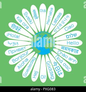 Journée mondiale Bonjour. Le concept de la campagne pour la paix. Au milieu de fleurs Daisy est la planète Terre. Sur les pétales - le mot salut dans différents langag Illustration de Vecteur