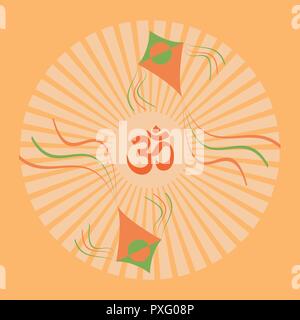 Makar Sankranti. Festival du cerf-volant en Inde. Solstice d'hiver Fête des récoltes. Inscrivez-Om, cerfs-volants, l'arrière-plan avec des rayons du centre Illustration de Vecteur