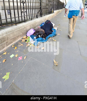 Sans-abri endormi avec son chien dans le centre de Londres, Angleterre, Royaume-Uni. Banque D'Images