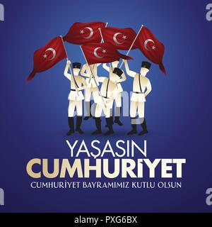 29 ekim Cumhuriyet Bayrami. Traduction : 29 octobre Journée de la République de Turquie et la Fête nationale turque, tient la conception de cartes. (TR : Yasasin Cumhuriyet) Illustration de Vecteur