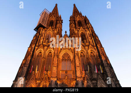 La façade ouest de la cathédrale, l'échafaudage à la tour nord, Cologne, Allemagne. die Westfassade des Doms, Geruest am Nordturm, Koeln, Deutschla Banque D'Images