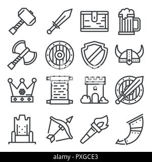 Histoire médiévale chevalier vector icons set. Moyen âge guerrier armes. Illustration de Vecteur