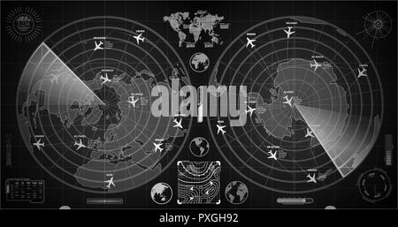 Sombre détaillée des radars militaires avec deux écrans avec des avions et des cibles des traces Illustration de Vecteur