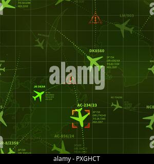 Vert détaillée des radars militaires avec des avions des traces et des cibles modèle transparent Illustration de Vecteur