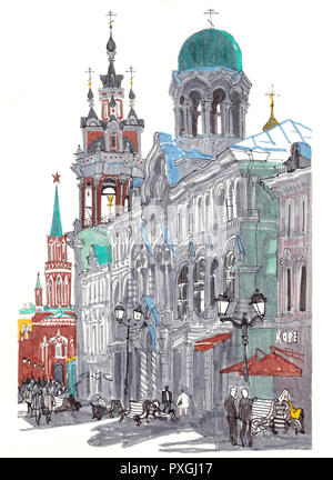 Vue de Moscou : rue Nikolskaïa, Kremlin tower, des églises, des gens qui marchent. Monument russe célèbre. Capitale de la Russie. Hand drawn sketchy marke style Banque D'Images