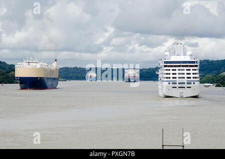 Quatre navires qui empruntent le canal de Panama. Il y a un bateau de croisière sur la droite, un roll-on roll-off sur la gauche et deux navires porte-conteneurs dans la distance Banque D'Images