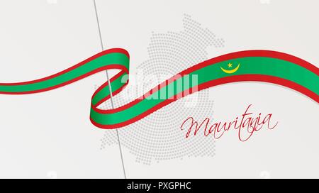 Illustration Vecteur de résumé de demi-teintes pointillées radial carte de Mauritanie et ruban ondulé avec des couleurs du drapeau national mauritanien Illustration de Vecteur