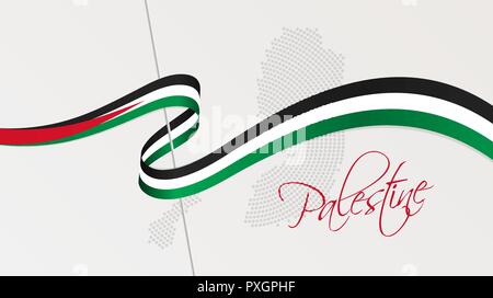 Illustration Vecteur de résumé carte demi-teinte en pointillés radiale de la Palestine et ruban ondulé avec des couleurs du drapeau national palestinien Illustration de Vecteur