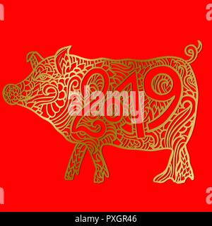 Nouvel an asiatique signe. Style de Mandala. Cochon d'or. 2019 vector illustration. Illustration de Vecteur