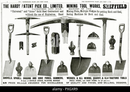 Sélection d'outils à main en acier robuste pour l'industrie minière fait par 'Hardy Co' Sélection des brevets, à Sheffield. Date : 1890 Banque D'Images