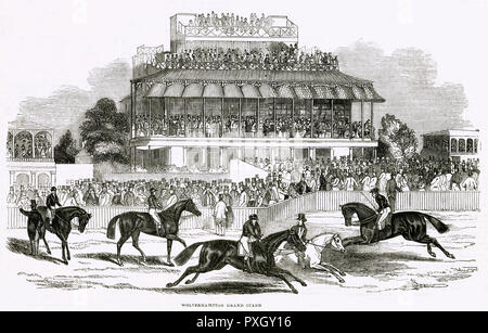 Les spectateurs à regarder les courses de chevaux à partir de la tribune bondée à Wolverhampton Racecourse. Date : 1844 Banque D'Images