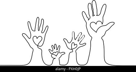 Dessin d'une ligne continue. Abstract famille hands holding coeurs. Vector illustration Illustration de Vecteur