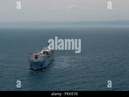 181020-N-LL146-1889 ESMERALDAS (Équateur (oct. 20, 2018) - Le navire-hôpital USNS Comfort (T-AH 20) est stationné au large de la côte de l'Equateur dans le cadre d'un soutien médical de 11 semaines de mission d'Amérique centrale et du Sud dans le cadre du U.S. Southern Command's Enduring promesse initiative. Travailler avec des partenaires gouvernementaux et de santé en Équateur, au Pérou, en Colombie et au Honduras, l'équipe médicale a entrepris des soins à bord et dans les sites médicaux, aide à relâcher la pression sur les systèmes médicaux causée en partie par une augmentation des migrants transfrontaliers. Le déploiement reflète la United States' Banque D'Images