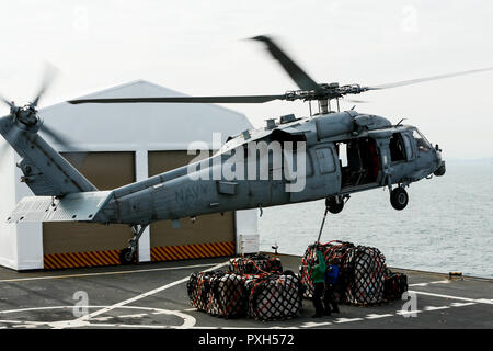 181020-A-FQ664-039 (oct. 20, 2018), l'Equateur Esmeraldas - fixer les palettes à l'offre de marins un MH-60S Seahawk, affecté à la mer "Chevaliers" de la mer de l'Escadron d'hélicoptères de combat (HSC), 22 au cours d'un ravitaillement vertical à bord du navire-hôpital USNS Comfort (T-AH 20). Le confort est de 11 semaines sur une mission d'appui médical à l'Amérique centrale et du Sud dans le cadre du U.S. Southern Command's Enduring promesse initiative. Travailler avec des partenaires gouvernementaux et de santé en Équateur, au Pérou, en Colombie et au Honduras, l'équipe médicale a entrepris des soins à bord et dans les sites médicaux, aidant à soulager pres Banque D'Images