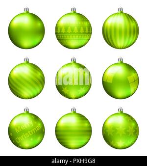 Boules de Noël vert isolé sur fond blanc. Haute qualité photoréaliste vector set de boules de noël. Motif différent. Illustration de Vecteur