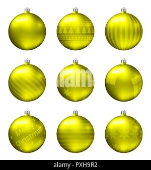 Boules de Noël jaune isolé sur fond blanc. Haute qualité photoréaliste vector set de boules de noël. Motif différent. Illustration de Vecteur