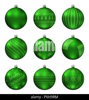 Boules de Noël vert isolé sur fond blanc. Haute qualité photoréaliste vector set de boules de noël. Motif différent. Illustration de Vecteur