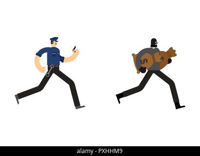 Cop et le voleur en détention. Policier et de l'arrestation de cambrioleur. La police et l'agent agresseur et de l'argent sac. Vector illustration Illustration de Vecteur