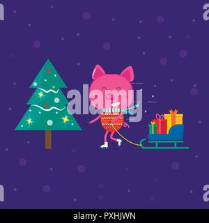 Joyeux Noël carte de souhaits avec des animaux marrants : cochon avec traîneau et arbre . Style plat d'icônes pour les enfants, invitation, présente un décor de chambre, interio Illustration de Vecteur