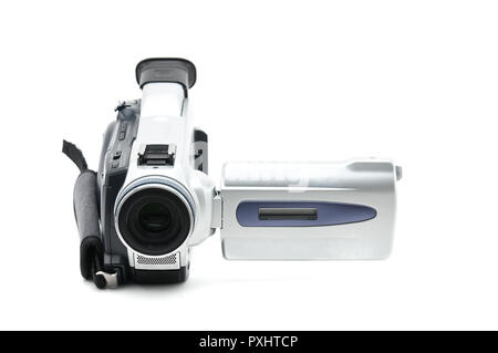Caméscope semi-professionnel utilisé pour le tournage de clips vidéo sur un fond blanc Banque D'Images