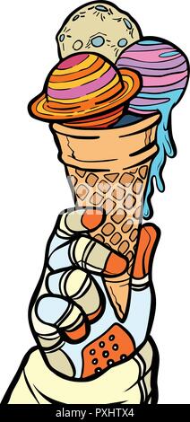 L'univers de l'astronaute détient dans ses mains comme la crème glacée Illustration de Vecteur