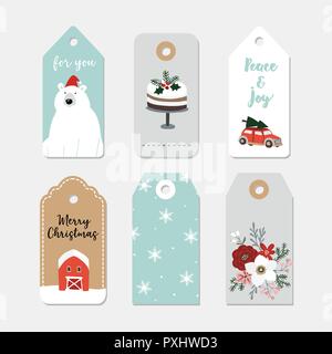Vintage Christmas Gift tags set. Les étiquettes à la main avec des fleurs d'hiver, gâteau, voiture avec arbre de Noël, ours polaire, flocons et ferme. Vector illustration isolé d'objets. Illustration de Vecteur