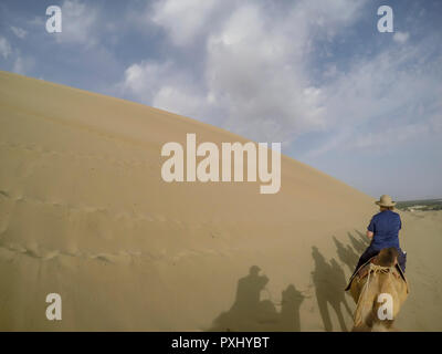 Woman riding camel en caravane à travers les dunes du désert de Taklamakan à Dunhuang, Chine. Banque D'Images