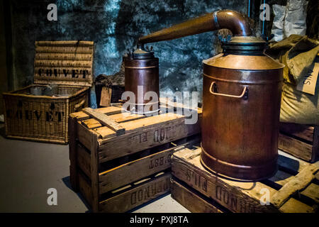 Absinthe en France et en Suisse. Au Musée Absinthe de Motiers, ce musée interdit est encore caché derrière une porte de chambre créocée. Dans la production de l'absinthe, le bois de millepertuis, l'anis, le fenouil et d'autres herbes sont imprégnés d'alcool neutre, puis distillés. La teneur en alcool de l'absinthe historique était comprise entre 48 et 78 pour cent d'alcool par volume Banque D'Images