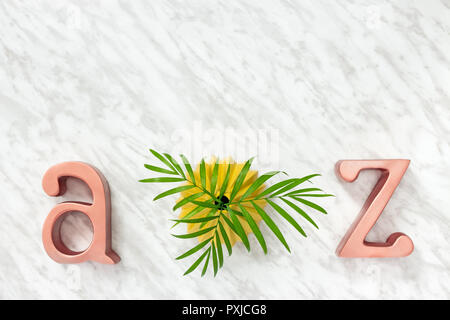 Lettres métal A et Z, et le vert des feuilles de palmier dans un vase en céramique jaune, sur fond de marbre. Banque D'Images