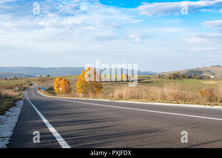 Route pavée et signpost tournez à droite au milieu de la forêt Banque D'Images