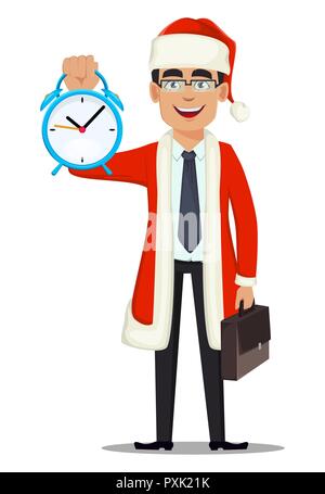 L'homme d'affaires personnage en costume de Père Noël. Handsome businessman holding réveil. Vector illustration sur fond blanc Illustration de Vecteur