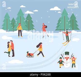 Se détendre dans le parc et célébrer les vacances d'hiver, modèle plat, ensemble d'illustrations vectorielles. Illustration de Vecteur