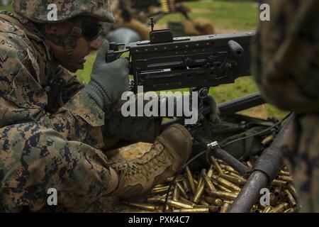 Le caporal Cristobal A. Pacheco, un assaut véhicule amphibie commandant à la 31e unité expéditionnaire de marines, sites-en avec un M2 Browning de calibre 50 machine gun au cours de l'entraînement au Camp Schwab, Okinawa, Japon, le 1 juin 2017. Le M2, parfois appelé le "Deuce", est la plus ancienne machine gun en ce moment dans l'arsenal du Marine Corps. BLT 3/5 est actuellement déployé en tant que l'élément de combat de la 31e Marine Expeditionary Unit. Société d'armes est l'élément d'armes lourdes BLT 3/5. Leur arsenal comprend des mitrailleuses lourdes, des mortiers et d'armes anti-char. Banque D'Images