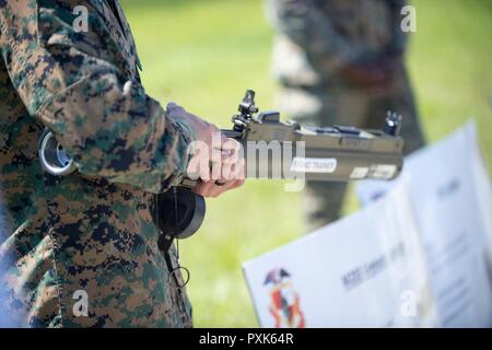 Le sergent marine. Andrew Kissick, instructeur pour l'École d'Infantry-East, mémoires et les dirigeants du gouvernement de la défense de huit pays nordiques et baltes sur les systèmes d'armes au cours d'un forum Nordique-baltique offert par le vice-secrétaire de la Défense Bob Travailler à Camp Lejeune, en Caroline du Nord, le 2 juin 2017. Le sous-secrétaire a été rejoint par le Danois Secrétaire permanent du ministère de la Défense estonien Ahrenkiel Thomas, Secrétaire permanent du ministère de la Défense Jonatan Vseviov finlandais, Secrétaire permanent du ministère de la Défense Jukka Juusti, chef adjoint de mission à l'ambassade d'Islande Erlingur Banque D'Images