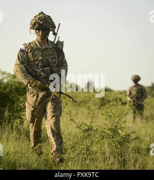 De droit : les troupes de l'OTAN de les Grenadier Guards (UK) prendre part à un exercice d'assaut aérien mixte avec le 1er bataillon américain, 3 Régiment d'aviation, 12 Brigade d'aviation de combat qu'ils pratiquent des opérations conjointes dans le cadre de l'exercice Noble Jump 17. L'exercice Noble Jump est un événement marquant pour l'OTAN cette année qu'il représente le premier exercice important où des forces canadiennes et leurs équipements se déplacent à travers l'Europe afin de démontrer la capacité de l'Alliance de rapidement déployer des forces partout où elles sont nécessaires pour prévenir les conflits Banque D'Images