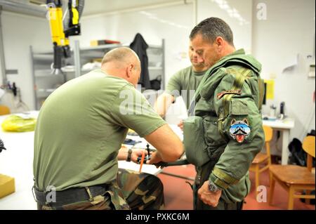 Le lieutenant-colonel Michael saint, un F-16 Fighting Falcon pilote désigné pour la 180e Escadre de chasse de la Garde nationale aérienne, de l'Ohio, se prépare pour une familiarisation dans un JAS 39 Gripen hongrois, 8 juin, à la base aérienne de Kecskemet en Hongrie. Plus de 150 aviateurs du 180FW s'est rendu à la base aérienne de Hongrois de participer à la charge de l'exercice 17 Diffuseur La Base Aérienne hongroise du 22 mai au 9 juin 2017. Diffuseur de charge est une force aérienne hongroise, dirigée par l'exercice de vol multinationales entre les alliés et les pays partenaires. Missions de formation multinationale comme ces renforcer nos relations, nous aider à maintenir la Banque D'Images