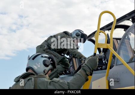 Le lieutenant-colonel Michael saint, un F-16 Fighting Falcon pilote désigné pour la 180e Escadre de chasse de la Garde nationale aérienne, de l'Ohio, se prépare pour une familiarisation dans un JAS 39 Gripen hongrois, 8 juin, à la base aérienne de Kecskemet en Hongrie. Plus de 150 aviateurs du 180FW s'est rendu à la base aérienne de Hongrois de participer à la charge de l'exercice 17 Diffuseur La Base Aérienne hongroise du 22 mai au 9 juin 2017. Diffuseur de charge est une force aérienne hongroise, dirigée par l'exercice de vol multinationales entre les alliés et les pays partenaires. Missions de formation multinationale comme ces renforcer nos relations, nous aider à maintenir la Banque D'Images
