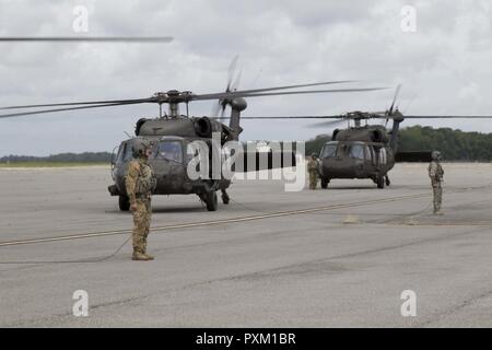 À partir de l'équipage une société 'Storm', 2e Bataillon, 3e Régiment d'Aviation pour le décollage d'aéronefs de leur préparation à Hunter Army Airfield, 11 juin 2017. Leur mission était de transporter le général Leopoldo Quintas, commandant de la 3ème Division d'infanterie, et le général Jacob Barak, Force de défense israélienne, au cours d'une visite à Hunter Army Airfield et à Fort Stewart, en Georgie. Banque D'Images