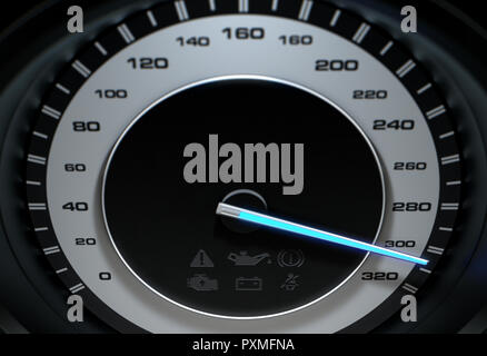 Une sportive avec un compteur bleu aiguille dirigée vers une vitesse élevée sur un fond noir - 3D render Banque D'Images