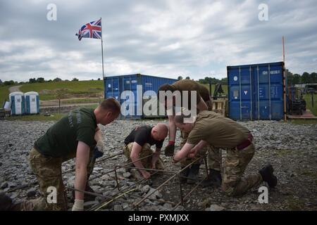 Des soldats de l'United Kingdom Monmouthshire Royal Royal Engineers tie re-bar de plage de tireurs d'infrastructures comme un cadre de l'opération Resolute Château 2017 au Centre national de formation conjointe, Cincu, Roumanie. Château de Resolute est un exercice le renforcement de l'alliance de l'OTAN et de renforcer sa capacité de formation conjointe et de réponse aux menaces dans la région. Banque D'Images