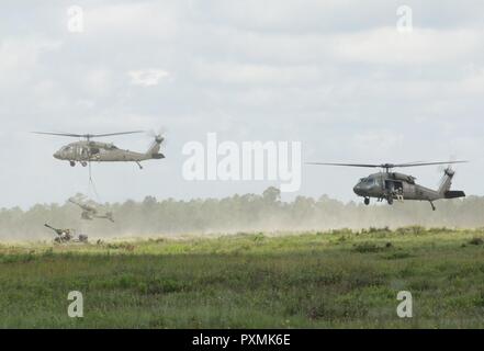 Les hélicoptères Sikorsky UH-60 Blackhawk 119A3 Inférieur canons Howitzer 18 juin 2017 au cours de l'exercice de capacité d'entraînement au combat eXportable Fort Stewart, Ga. Banque D'Images