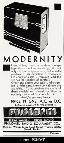 1930 old vintage advert original moderne de publicité par radio Radio Philomel Equipment Co de Slough Buckinghamshire England UK magazine en Anglais vers 1932 Banque D'Images
