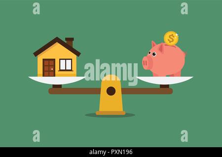 Piggy Bank et de la Chambre sur les balances. Illustration dans les scénarios. Illustration de Vecteur