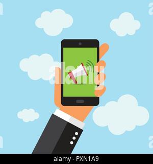 Un homme tenant un téléphone. Megaphone icon. Illustration dans les scénarios. Illustration de Vecteur