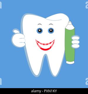 Smiling cartoon dent blanche tenant un tube de dentifrice. Illustration de Vecteur