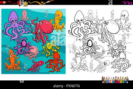 Cartoon Illustration d'Octopus Sea Life Groupe Caractères Animaux Feuille de coloriage Illustration de Vecteur