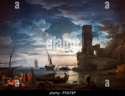 Scène de nuit ; côte méditerranéenne avec des pêcheurs et des bateaux par Claude Joseph Vernet (1714-1789), huile sur toile, 1753 Banque D'Images