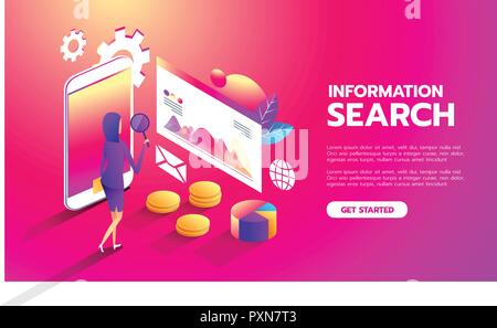 Recherche de l'information. L'analyse Web. business woman interagir avec les parties de l'interface. Les femmes d'étudier et d'analyser l'interface d'application web mobile. L'analyse des bénéfices. Vector illustration moderne Illustration de Vecteur