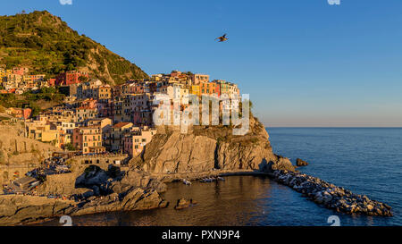 Mouette survole le village de Manarola dans le coucher du soleil la lumière, Cinque Terre, ligurie, italie Banque D'Images